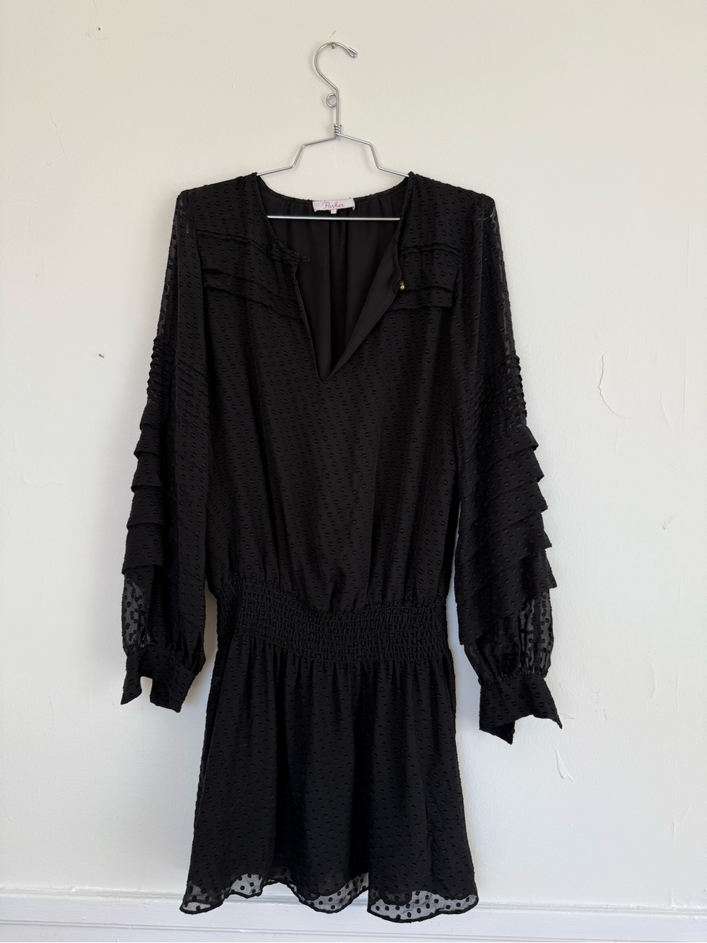 Parker Black Swiss Dot Boho Mini Dress Smocked Waist Romantic French Silk S